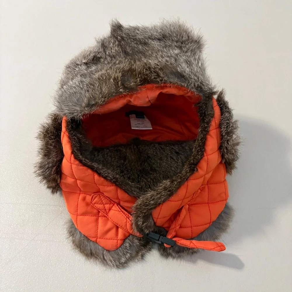 J. McLaughlin Orange Quilted Trapper Hat Real Fur Trim Ear Flaps XS/S Winter